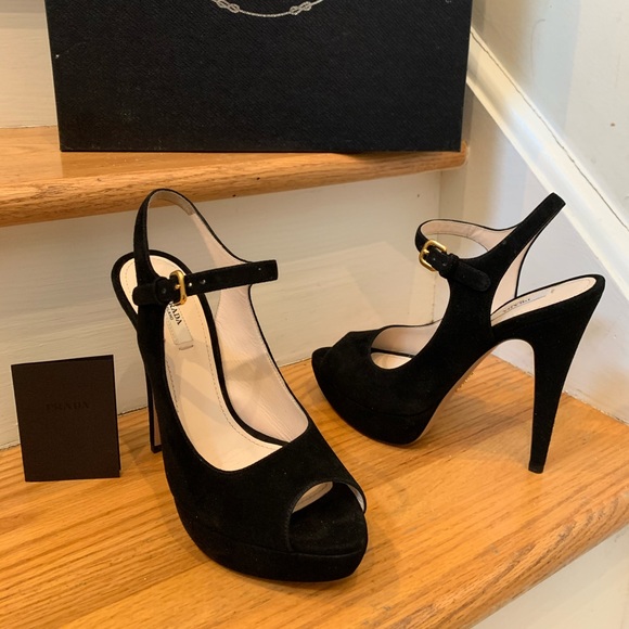 NIB Prada Black Suede Peep Toe Pumps - Picture 2 of 8